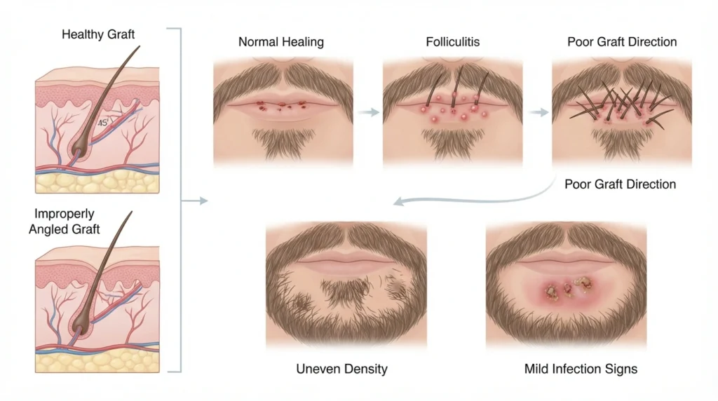 Common facial hair transplant risks including folliculitis and graft direction issues