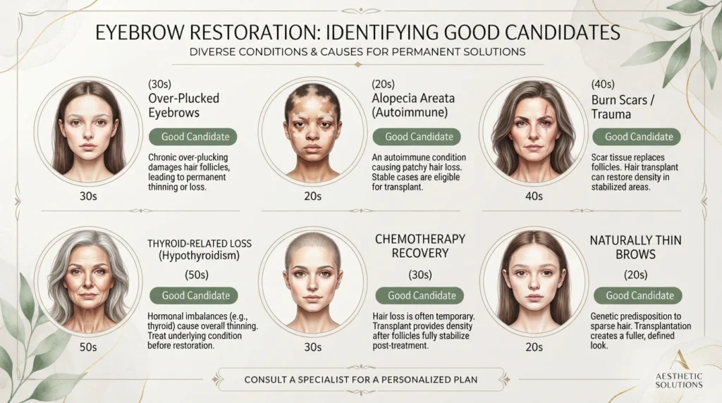 Common reasons for eyebrow transplant including over-plucking, alopecia, scars, and naturally thin eyebrows