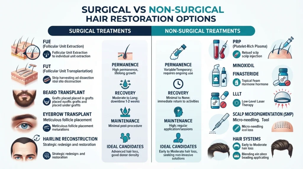 Comparison infographic showing FUE, FUT, PRP therapy, laser treatment, scalp micropigmentation, medications, and hair replacement systems.
