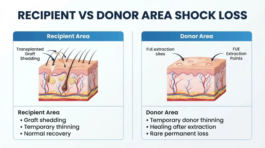 Comparison infographic showing recipient area shock loss versus donor area shock loss after FUE and FUT hair transplant procedures.
