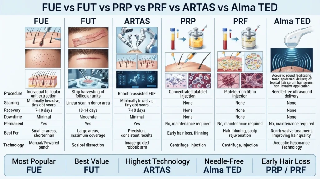Comparison of FUE, FUT, PRP, PRF, ARTAS robotic hair transplant and Alma TED hair restoration treatments