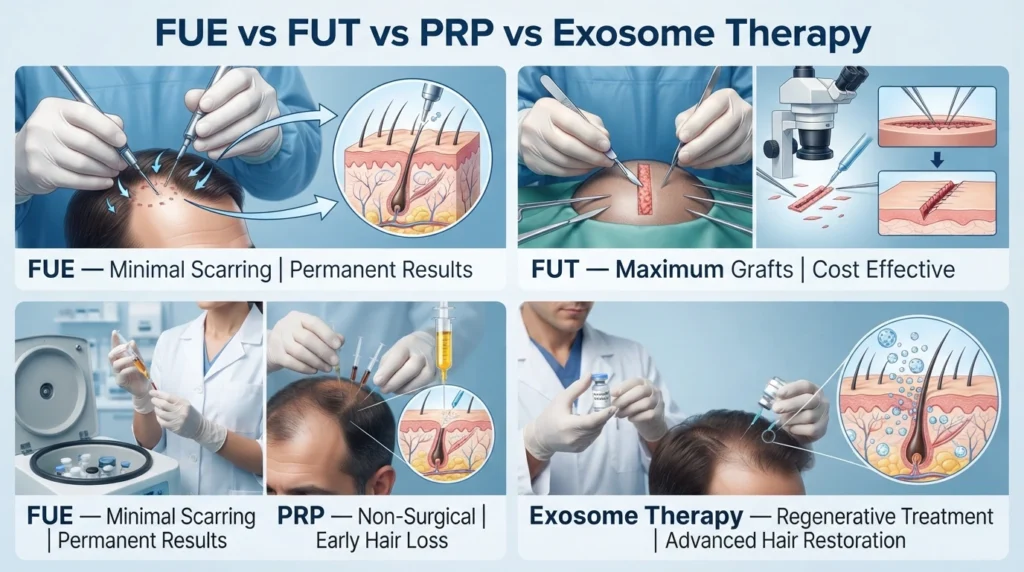Comparison of FUE, FUT, PRP and exosome hair restoration treatments with scalp anatomy illustration