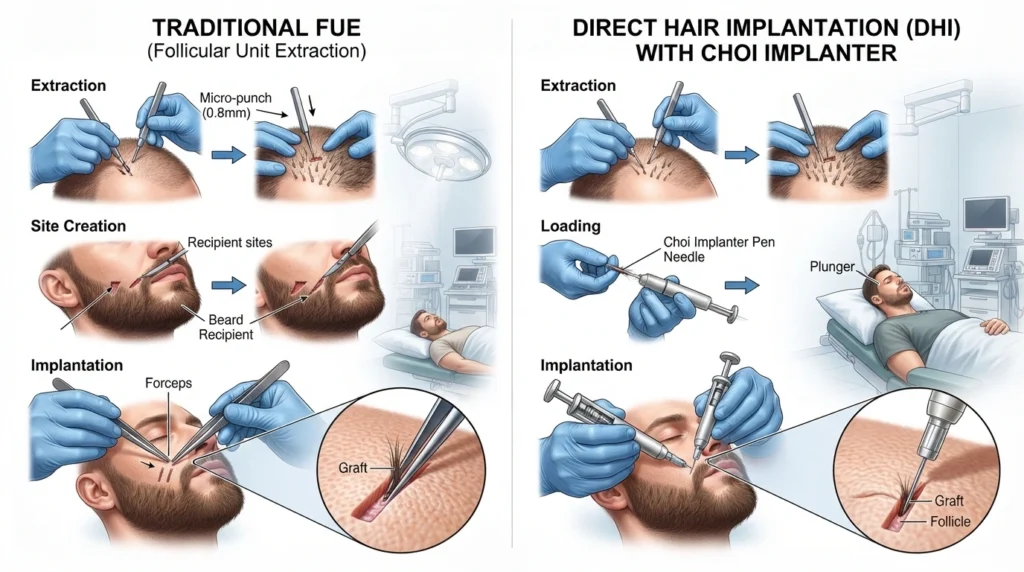 Comparison of FUE and DHI beard transplant implantation methods