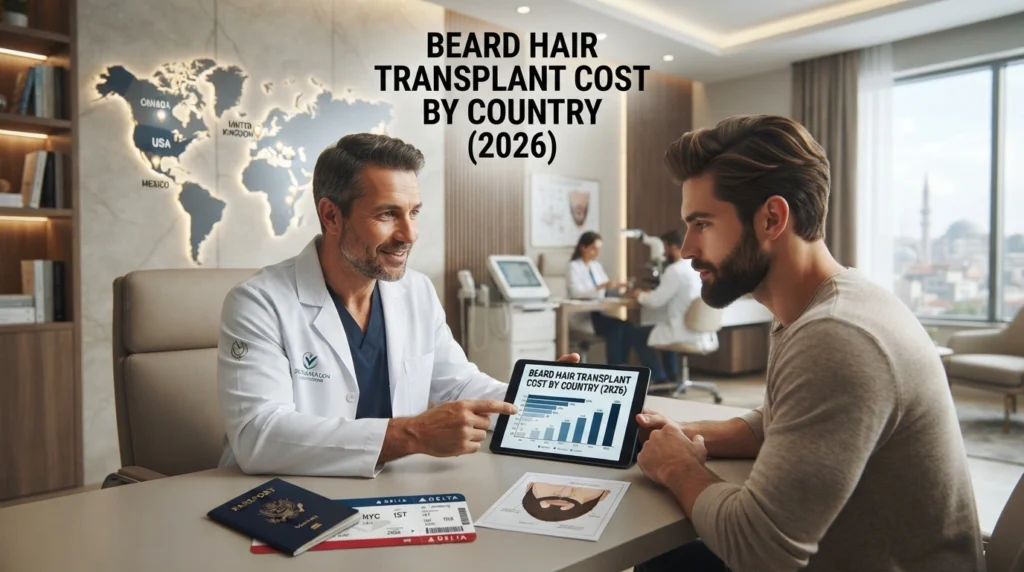 Comparison of beard hair transplant costs in the United States, Turkey, Mexico, Canada, the United Kingdom, and Thailand in 2026.
