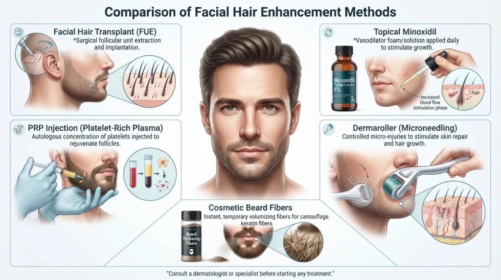 Comparison of facial hair transplant minoxidil PRP microneedling and beard fibers