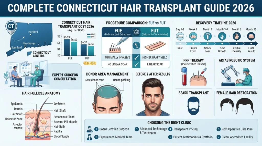 Complete Connecticut hair transplant infographic summarizing treatment costs, FUE and FUT comparison, recovery timeline, clinic locations, hair restoration techniques, and patient checklist.