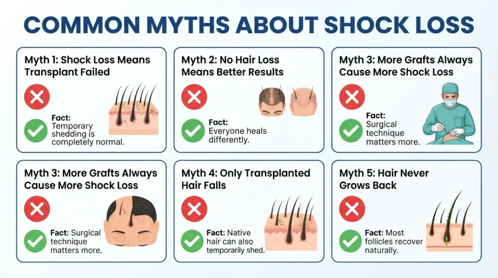 Educational infographic debunking common myths about shock loss after hair transplant with expert-backed facts.