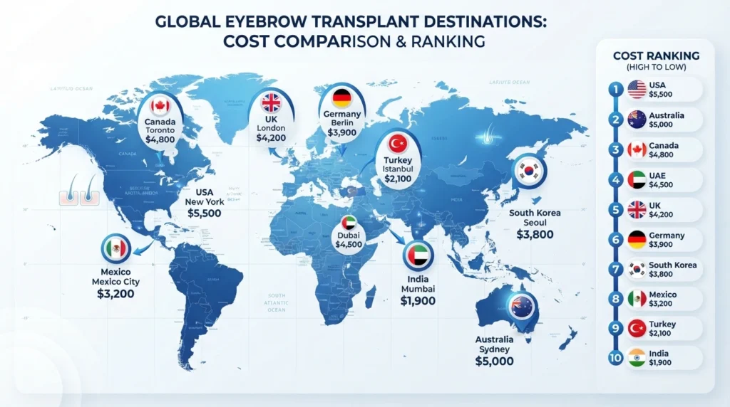 Eyebrow transplant cost by country including USA, UK, Canada, Turkey, India, Australia, and Mexico