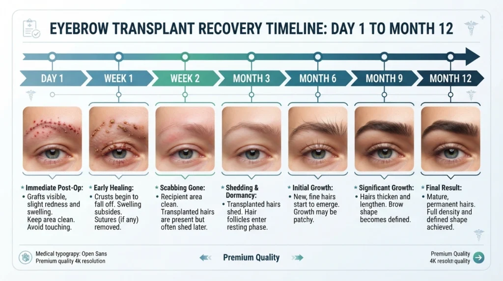 Eyebrow transplant recovery timeline from Day 1 to Month 12 with healing and hair growth stages