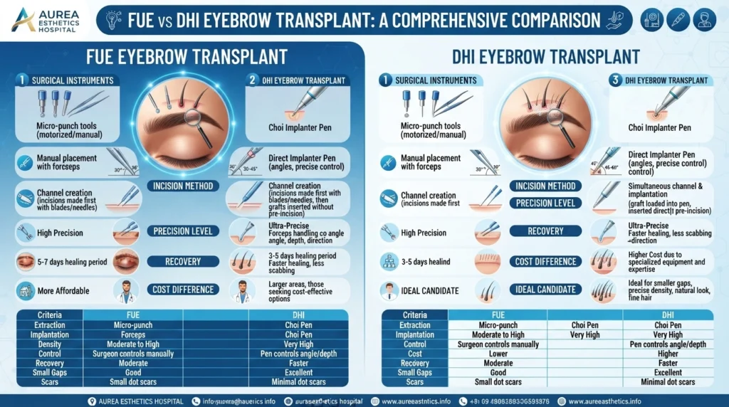 FUE vs DHI eyebrow transplant comparison showing techniques, precision, recovery, and cost differences