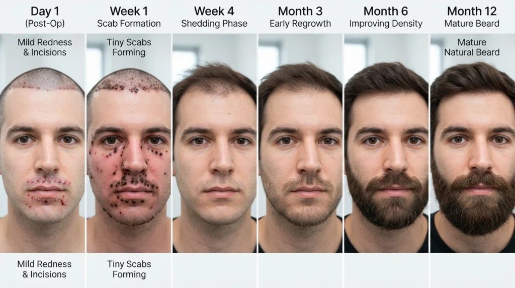 Facial hair transplant recovery timeline from surgery to 12 month results