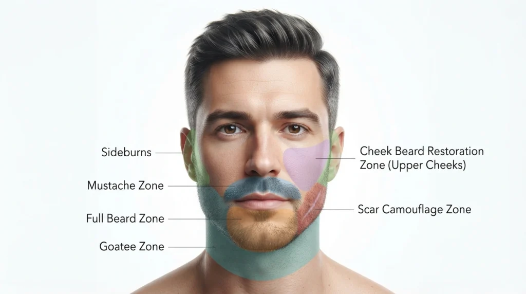 Facial hair transplant treatment areas including beard mustache goatee and sideburns