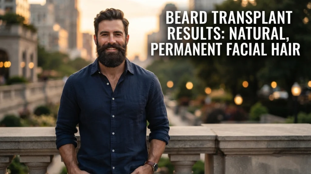 Final beard hair transplant results showing a naturally dense and permanent beard 12 months after the FUE procedure.