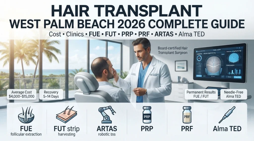 Hair transplant West Palm Beach 2026 guide showing FUE, FUT, PRP, PRF, ARTAS and Alma TED treatment options