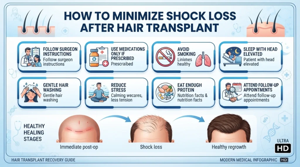 Hair transplant aftercare infographic showing practical steps to reduce temporary shock loss and support healthy recovery.