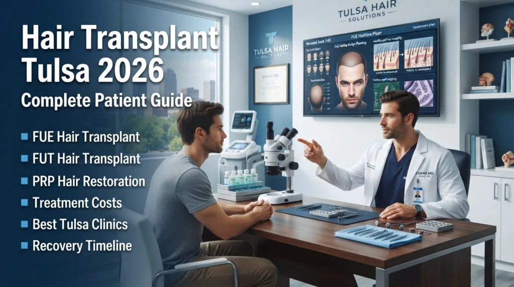 Hair transplant consultation in Tulsa showing FUE hair restoration planning and scalp analysis in a modern clinic