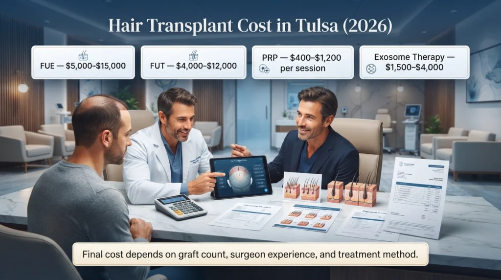 Hair transplant cost comparison in Tulsa for FUE, FUT, PRP and exosome therapy in 2026