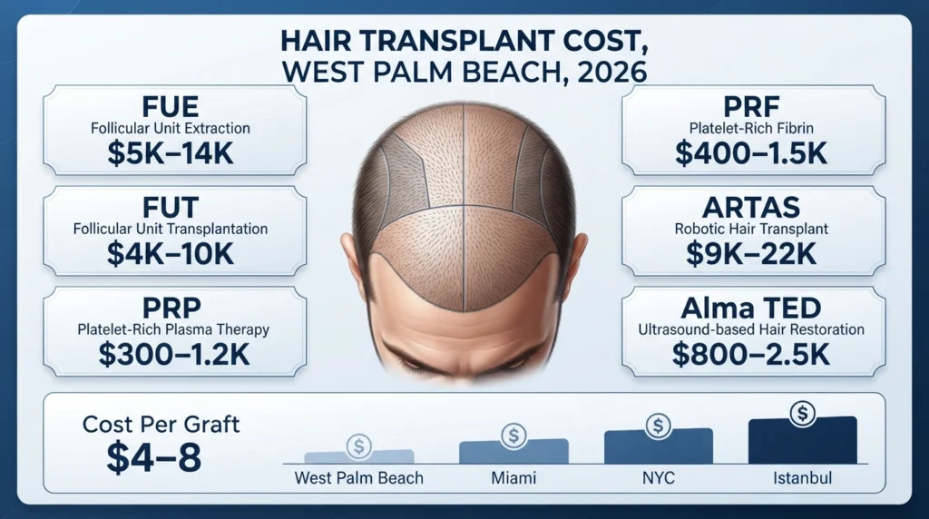 Hair transplant cost infographic for West Palm Beach showing FUE, FUT, PRP, PRF and ARTAS price ranges in 2026
