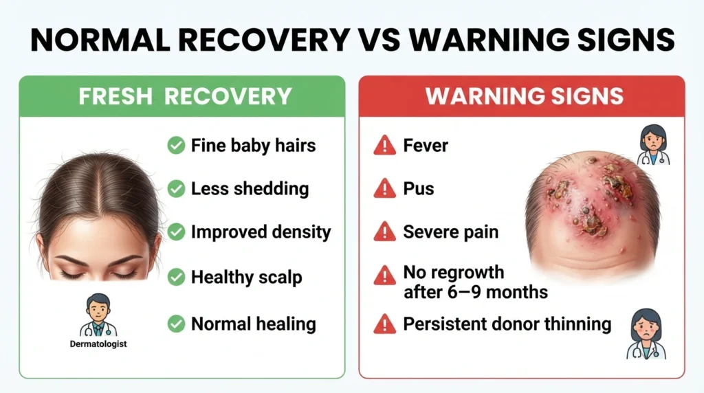 Hair transplant recovery infographic comparing normal healing signs with warning symptoms that require contacting your surgeon.