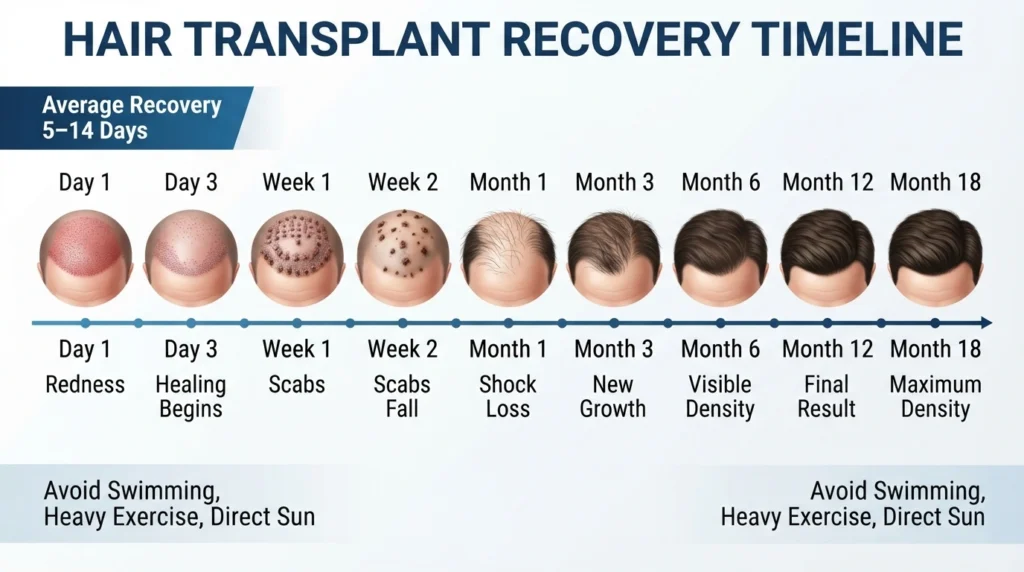 Hair transplant recovery timeline from day one through month eighteen showing healing and hair growth stages