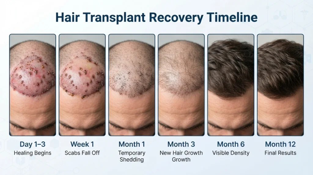 Hair transplant recovery timeline showing healing and hair growth from Day 1 to Month 12 after FUE surgery