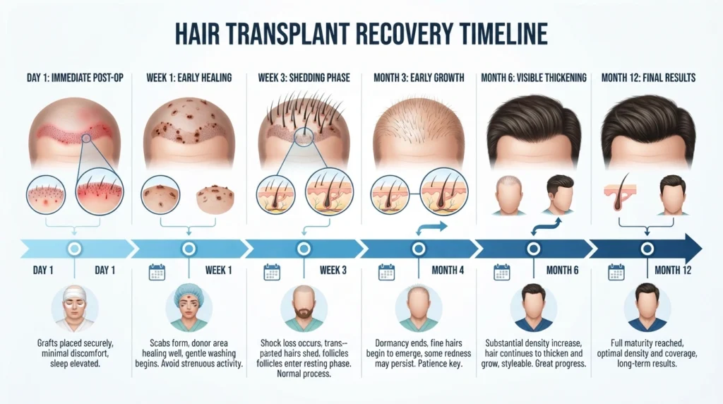 Hair transplant recovery timeline showing healing progress from day one through twelve months with normal hair growth stages after FUE surgery.