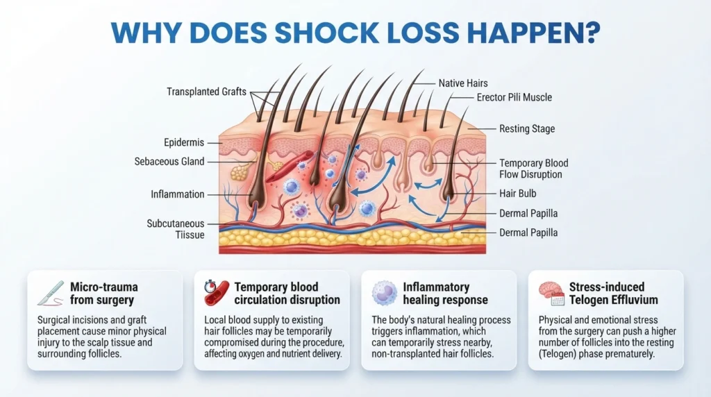 Hair transplant shock loss causes infographic showing inflammation, temporary blood flow disruption, scalp healing, and telogen effluvium.