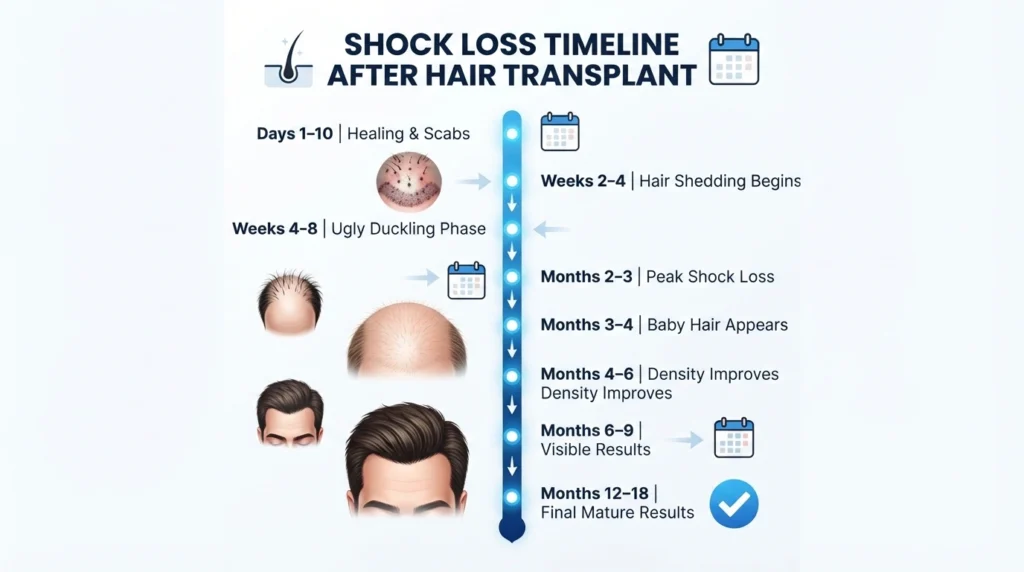 Hair transplant shock loss timeline from day 1 to month 18 showing healing, shedding, baby hair growth, and final results.