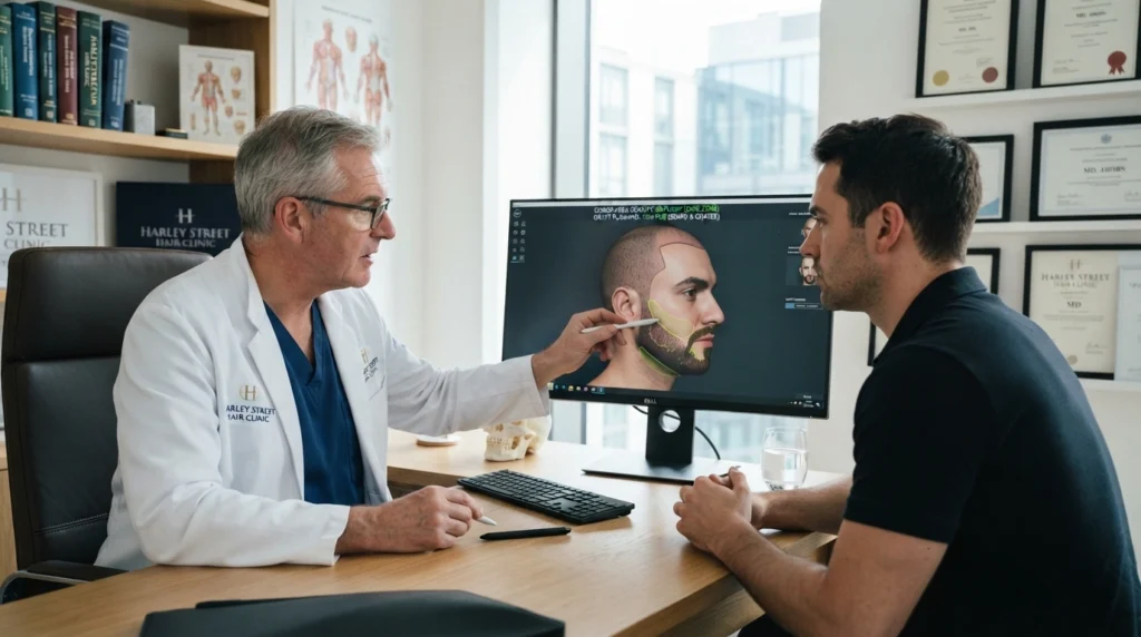 Hair transplant surgeon consulting patient for beard restoration treatment