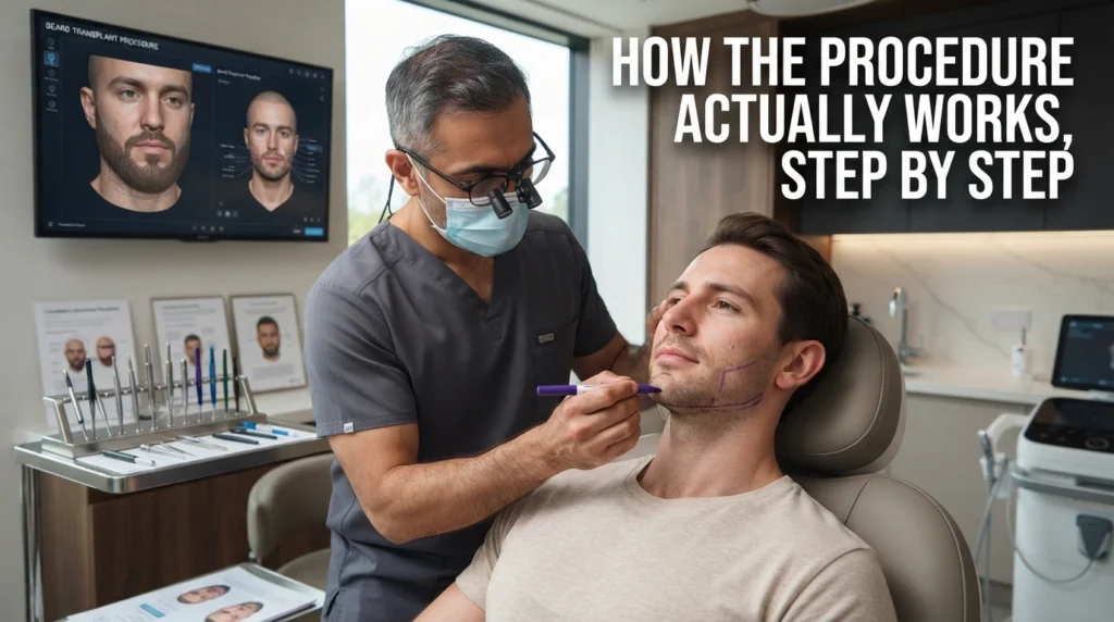 Hair transplant surgeon designing a beard and performing the step-by-step FUE beard transplant procedure in a modern clinic.