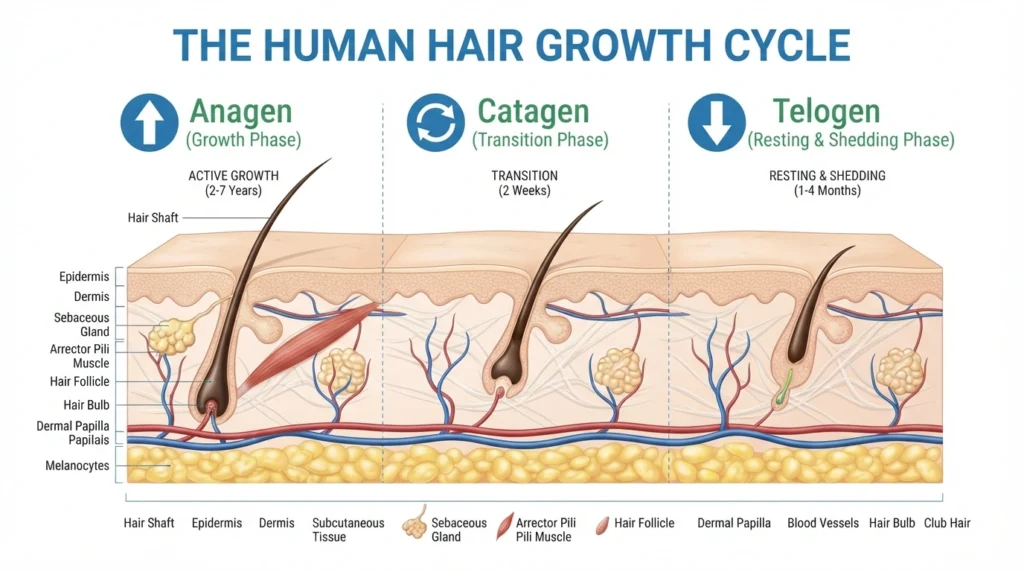 Human facial hair growth cycle showing anagen catagen and telogen phases