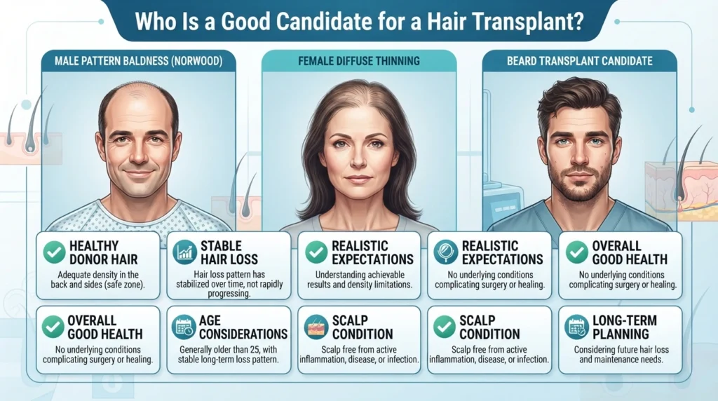 Illustration showing ideal candidates for hair transplantation based on donor hair quality, pattern baldness, scalp health, and realistic treatment expectations.