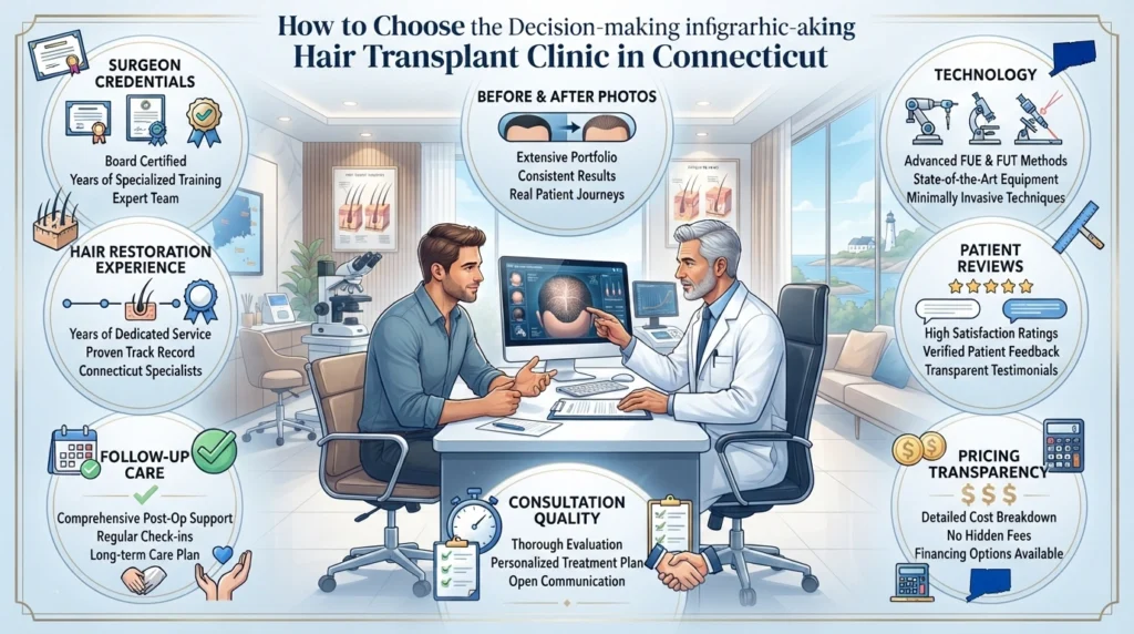 Infographic explaining how to choose a hair transplant clinic by evaluating surgeon credentials, before-and-after results, technology, reviews, consultation quality, and follow-up care.