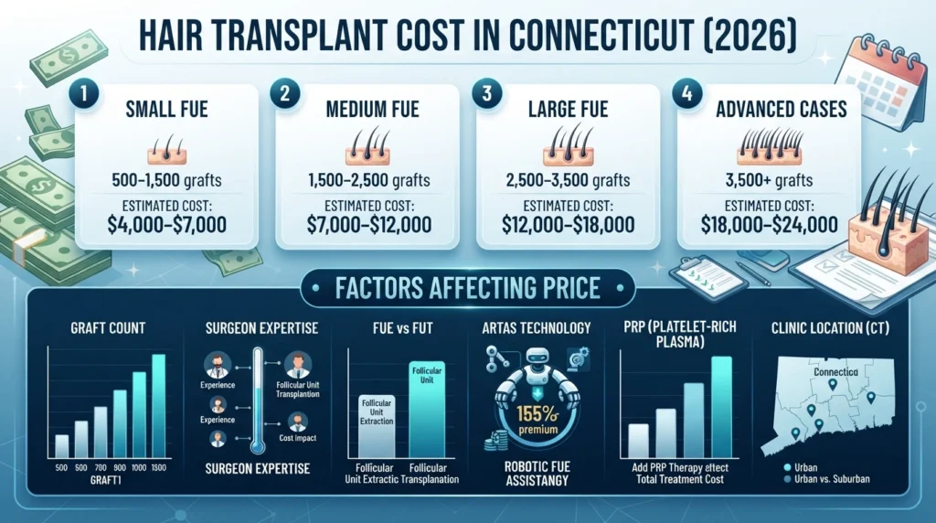 Infographic showing average hair transplant costs in Connecticut by graft count, FUE procedure size, price ranges, and factors that influence treatment cost.