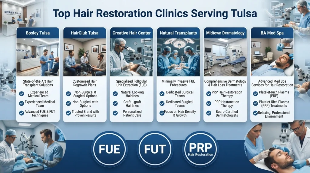 Leading hair restoration clinics in Tulsa offering FUE, FUT and non-surgical hair loss treatments