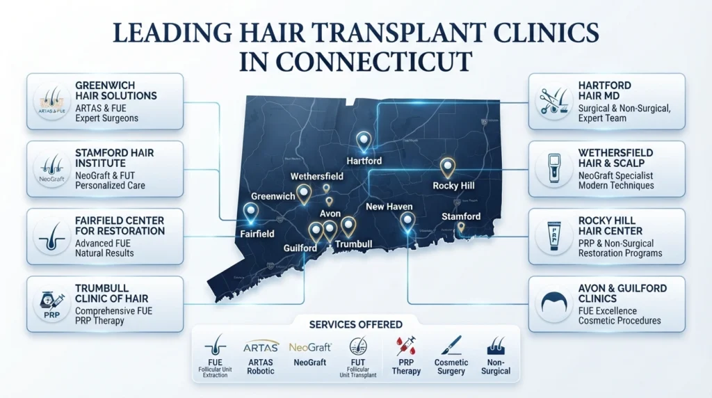Map of Connecticut highlighting major hair transplant clinics in Fairfield, Greenwich, Wethersfield, Guilford, Avon, Trumbull, Hartford, Stamford, and New Haven.