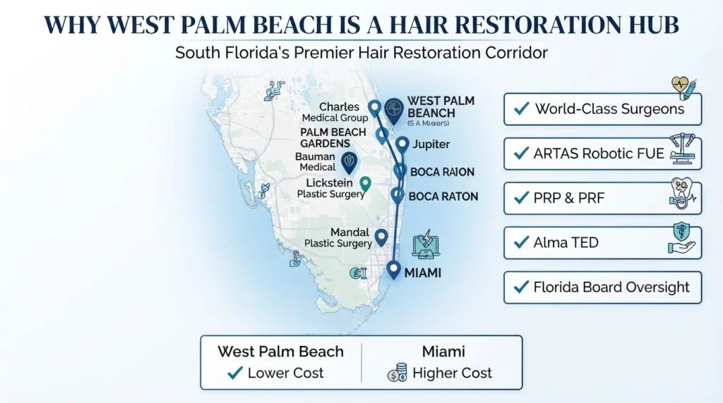 Map of West Palm Beach hair restoration clinics including Boca Raton, Palm Beach Gardens and Jupiter