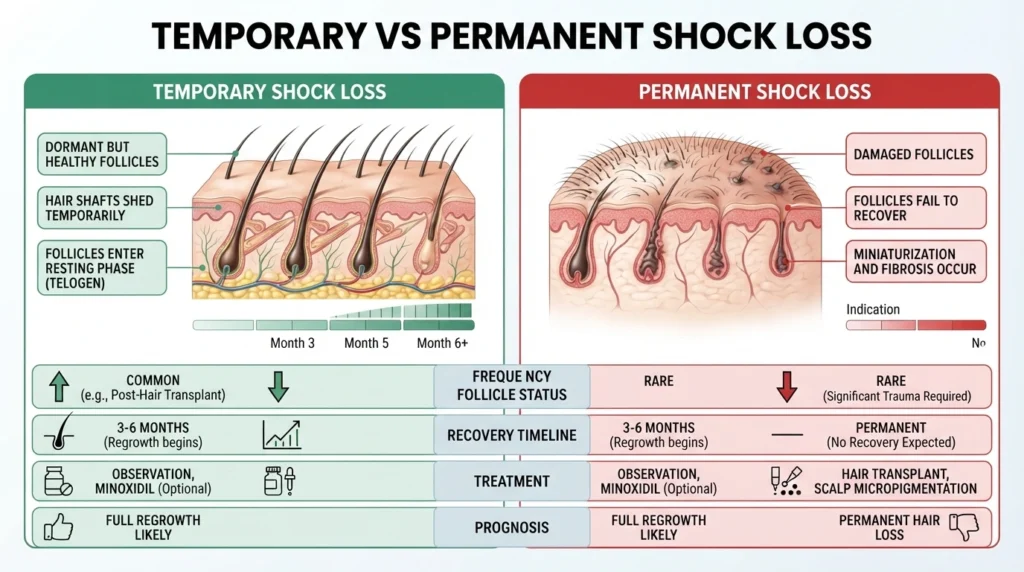 Medical comparison chart explaining temporary and permanent shock loss after hair transplant with follicle recovery differences.