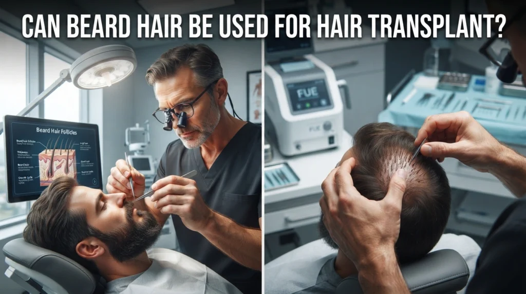 Medical comparison showing beard hair and scalp hair used as donor follicles for hair transplant procedures.