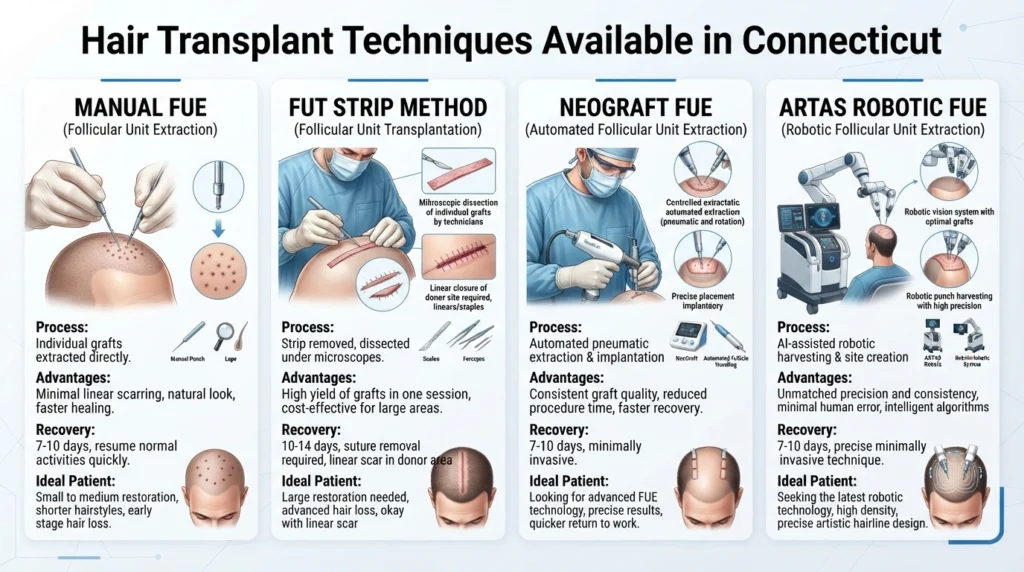 Medical illustration comparing Manual FUE, FUT, NeoGraft, and ARTAS robotic hair transplant techniques available in Connecticut clinics.