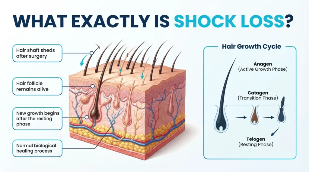 Medical infographic explaining what shock loss is after a hair transplant, showing transplanted hair follicles, dormant follicles, and the normal hair growth cycle.