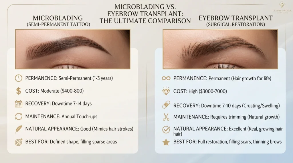 Microblading vs eyebrow transplant comparison including permanence, cost, maintenance, and natural appearance