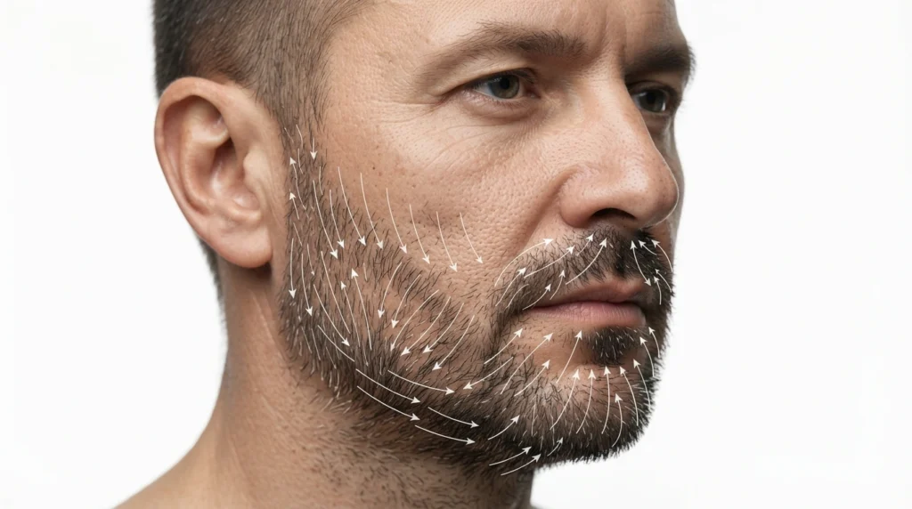 Natural beard transplant design showing correct facial hair growth angles
