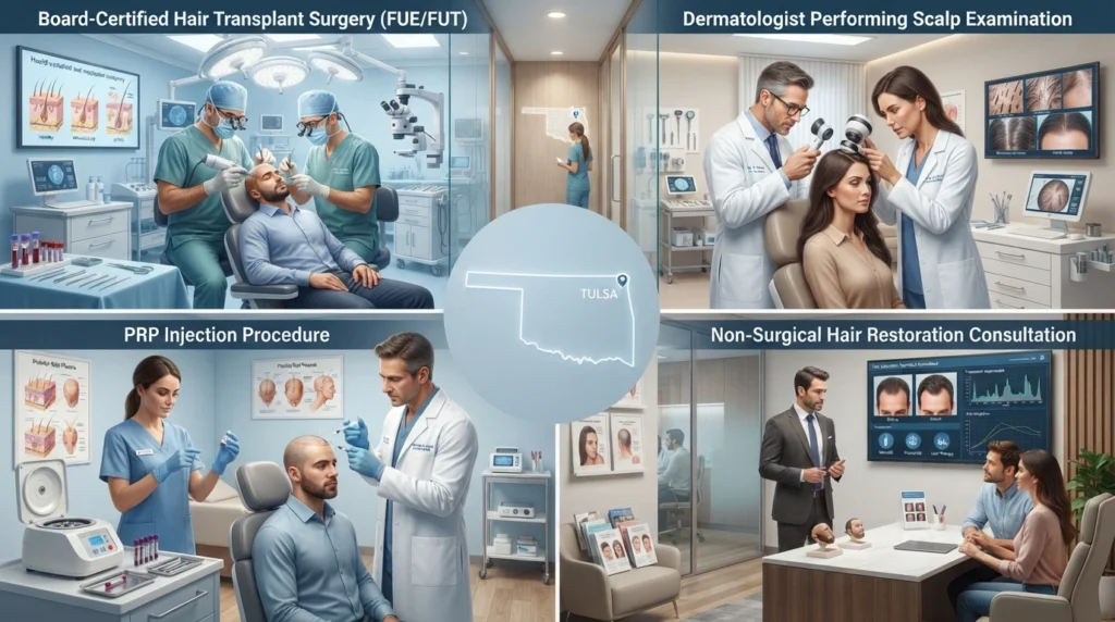 Overview of hair restoration options in Tulsa including FUE, FUT, PRP therapy and dermatology treatments