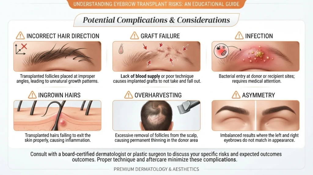Possible eyebrow transplant risks including infection, graft failure, asymmetry, and incorrect hair direction