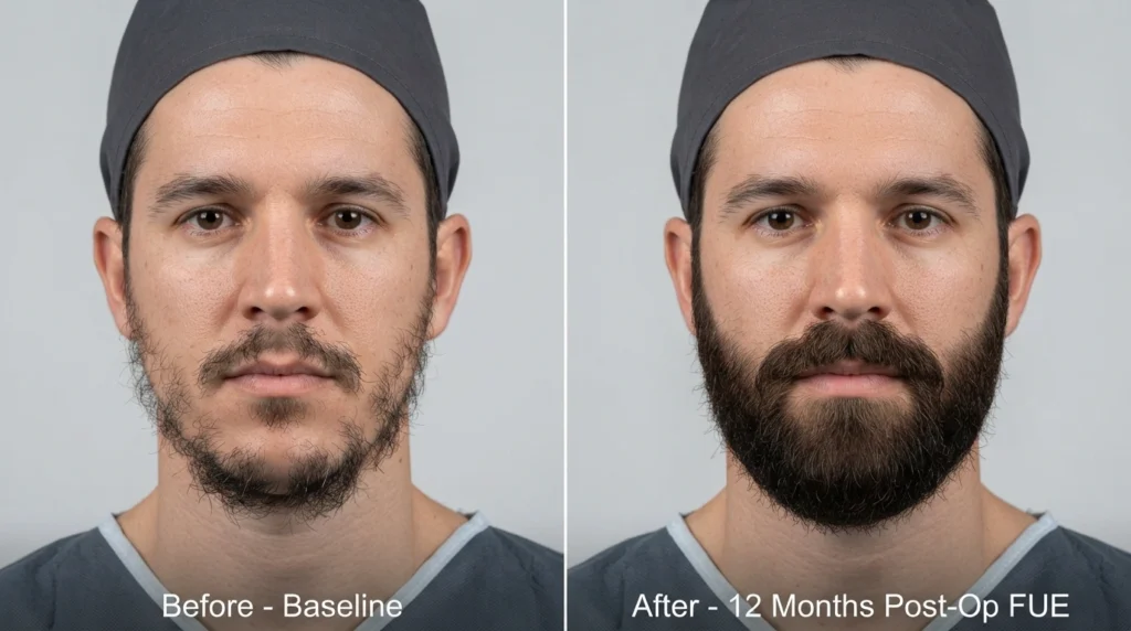 Realistic 12 month facial hair transplant before and after results