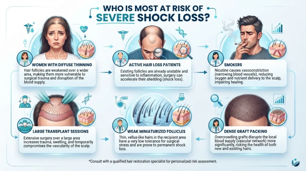 Risk factors infographic showing patients most likely to experience severe shock loss after a hair transplant.