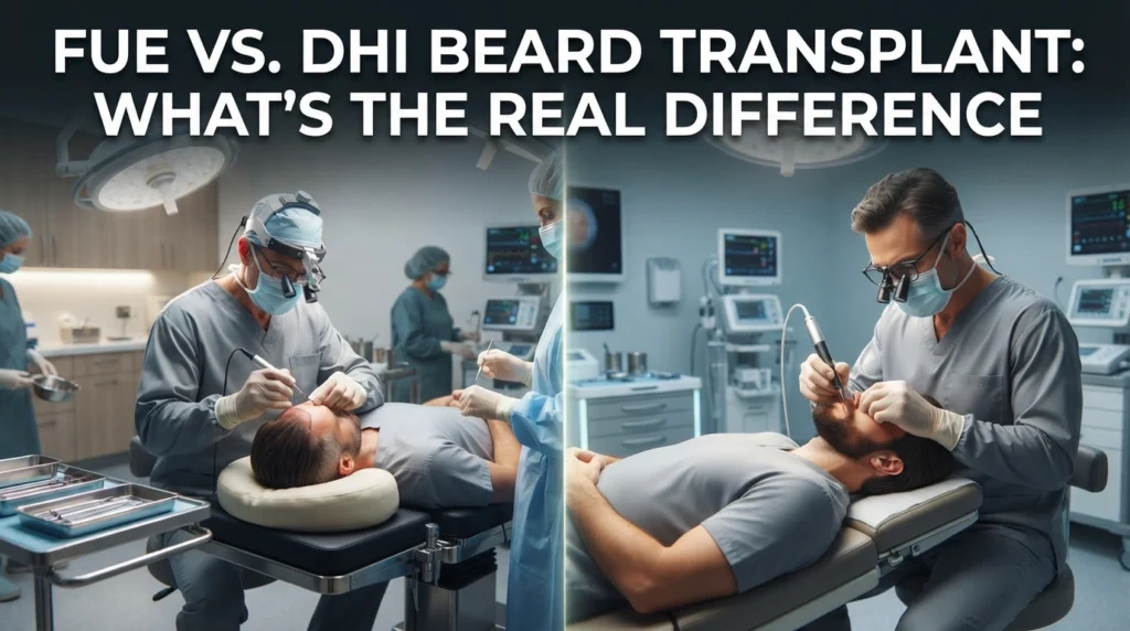 Side-by-side comparison of FUE and DHI beard transplant techniques performed by experienced hair transplant surgeons.