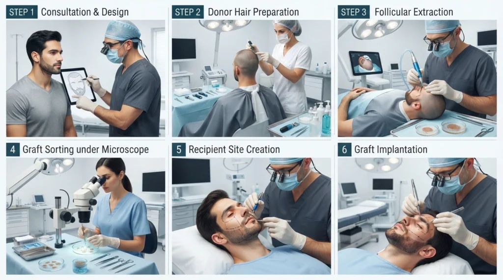 Step by step FUE facial hair transplant procedure from extraction to implantation