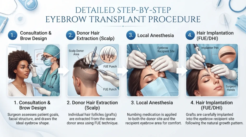 Step-by-step eyebrow transplant procedure using FUE hair follicles from scalp to eyebrows